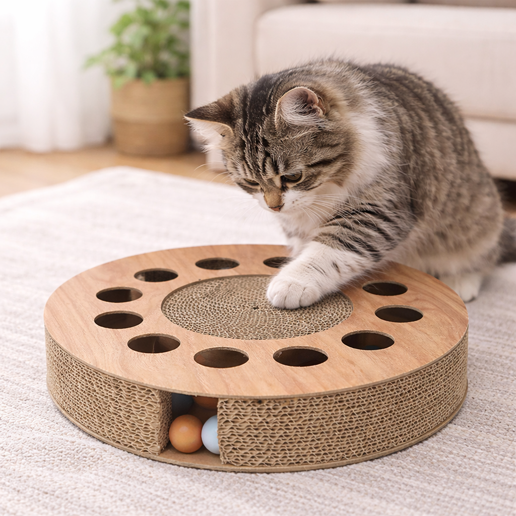 🐾 Rascador redondo interactivo para gatos con pelotas