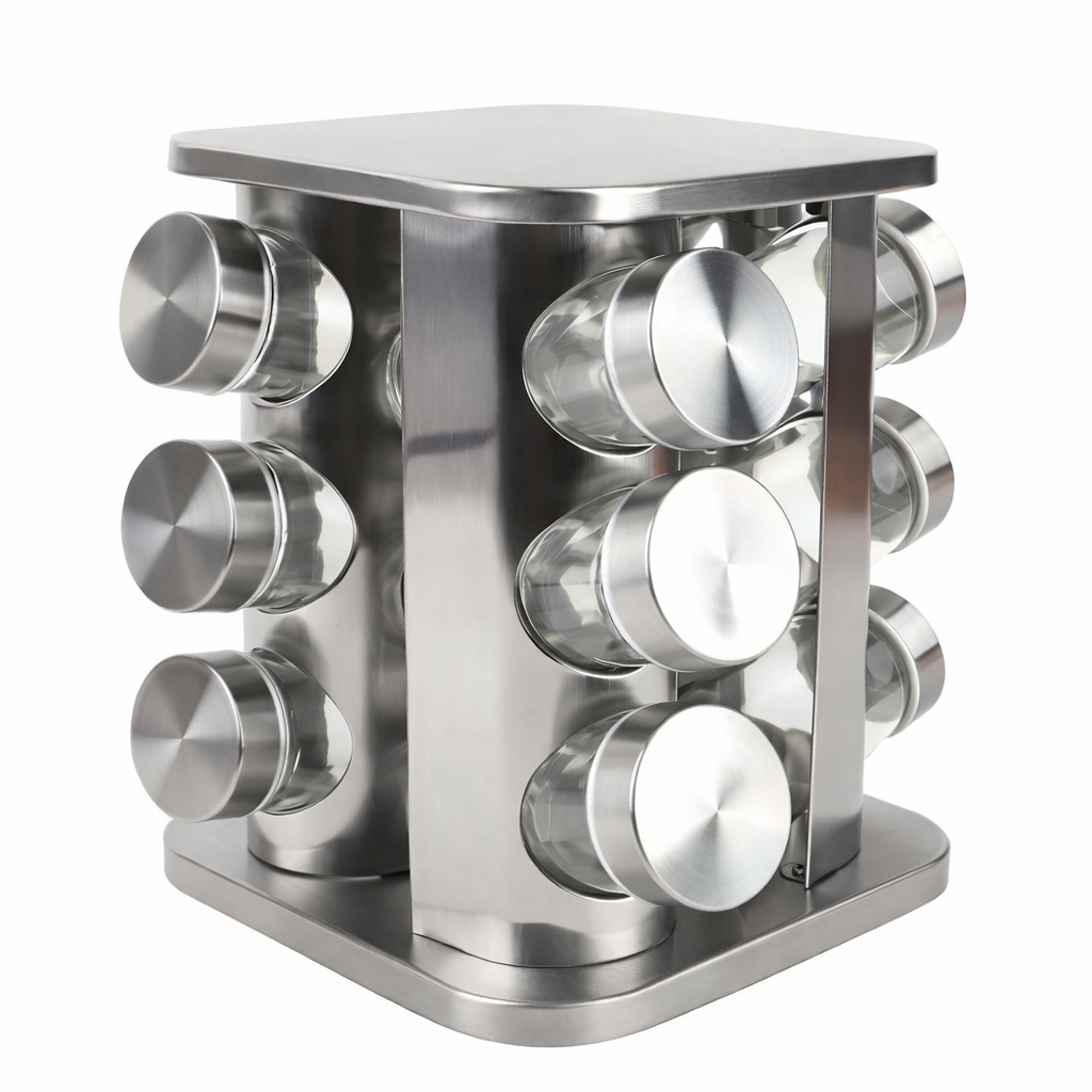 Especiero giratorio de acero inoxidable con 12 frascos de vidrio 🧂✨🔄