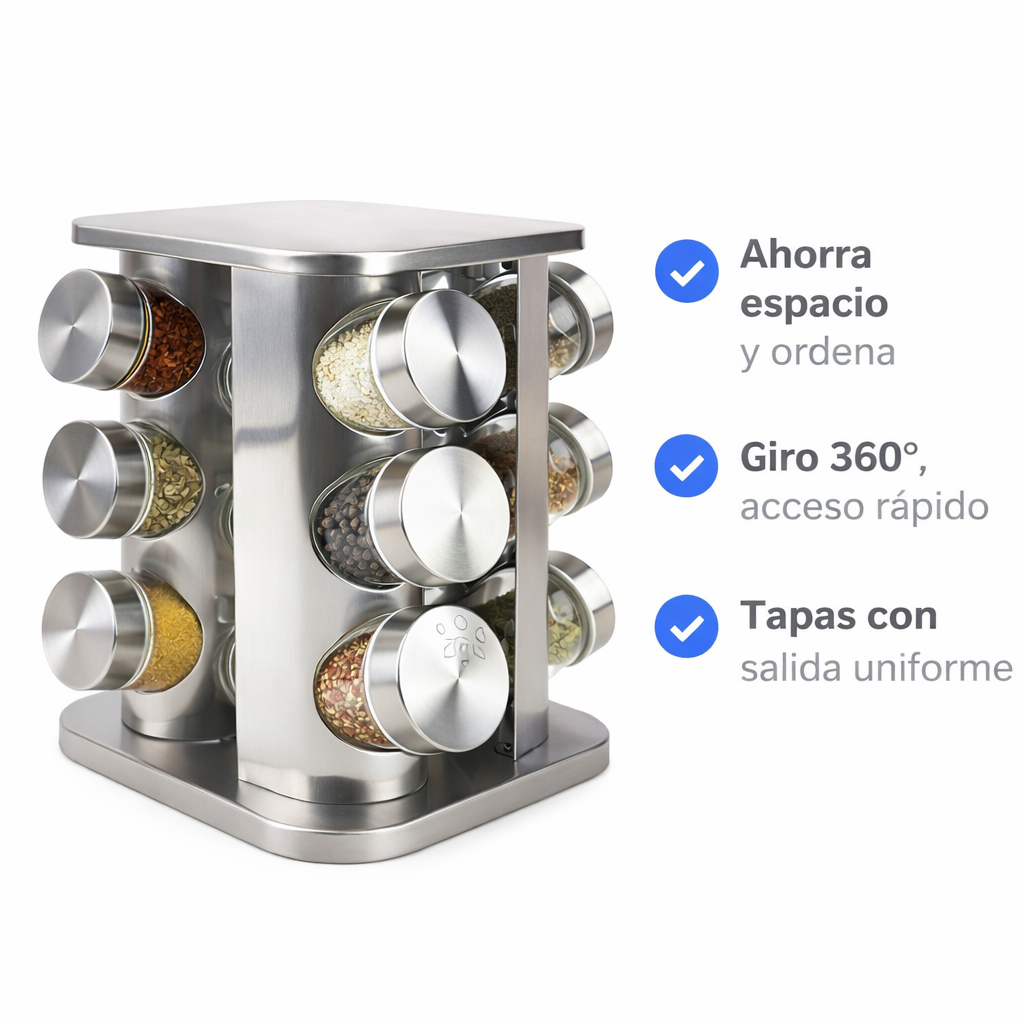 Especiero giratorio de acero inoxidable con 12 frascos de vidrio 🧂✨🔄