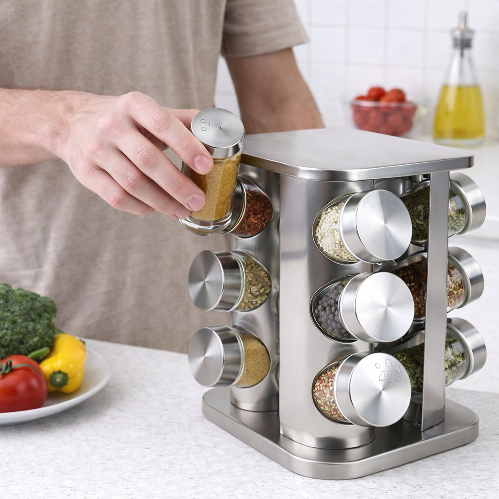 Especiero giratorio de acero inoxidable con 12 frascos de vidrio 🧂✨🔄