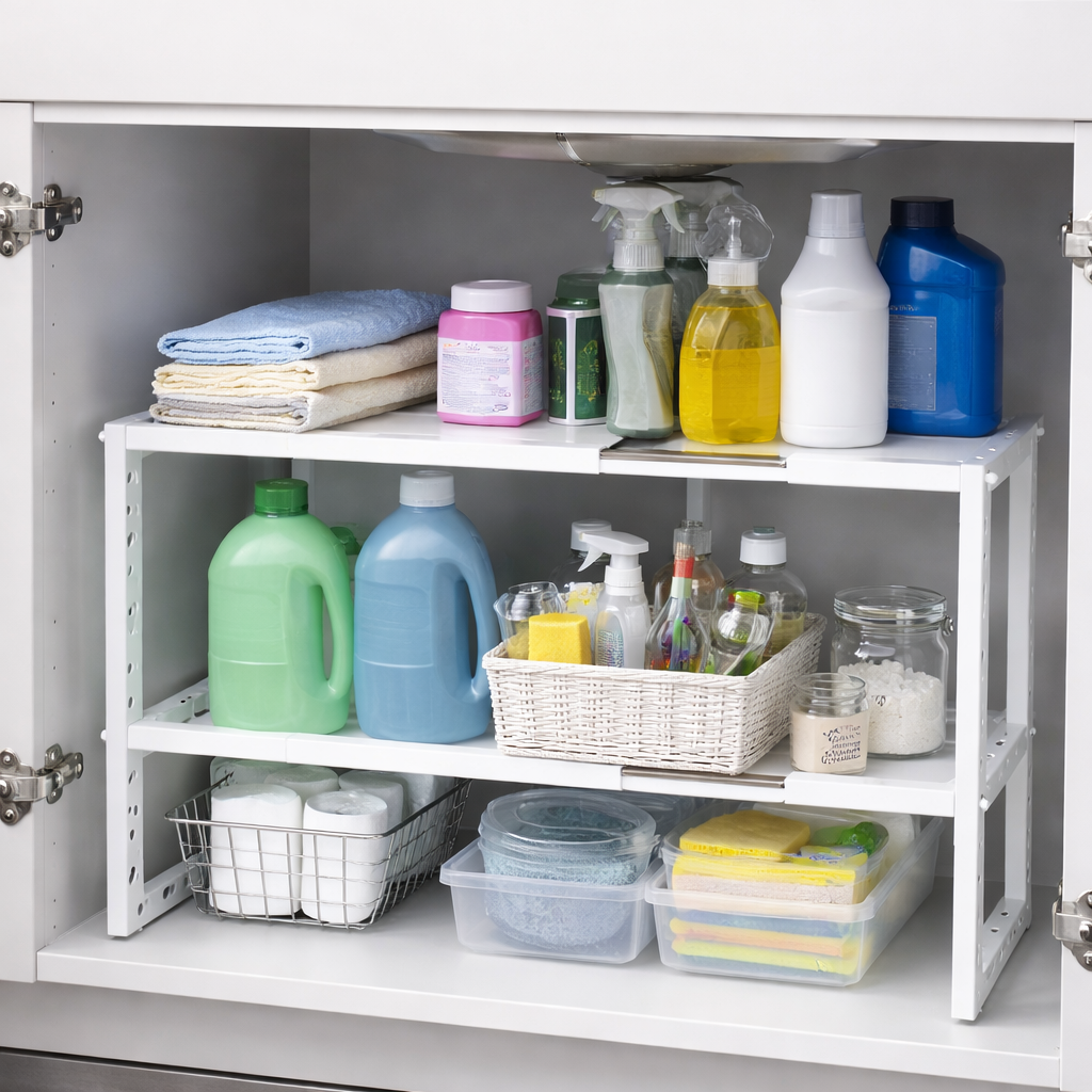 Organizador doble ajustable 2 niveles para cocina o baño 🧺✨🛠️