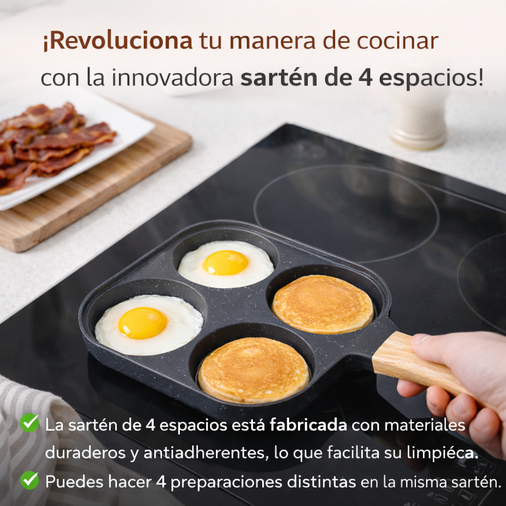 🍳 Sartén Antiadherente 4 Espacios | Desayuno Completo en una Sola Preparación