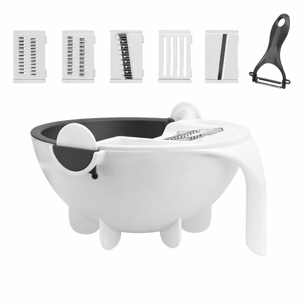 🥗 Bowl con Colador + Cortador Pro 6 en 1 (5 Cuchillas + Pelador)