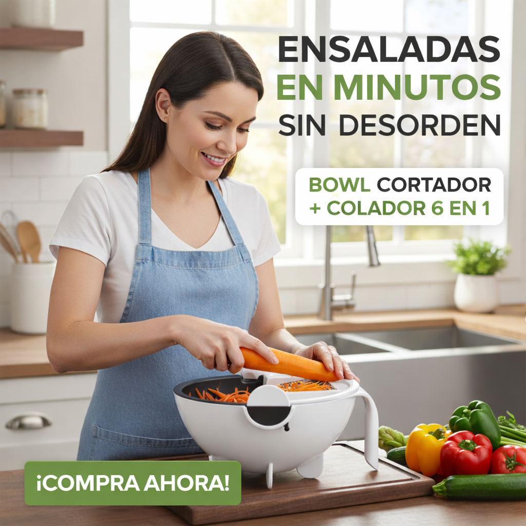 🥗 Bowl con Colador + Cortador Pro 6 en 1 (5 Cuchillas + Pelador)
