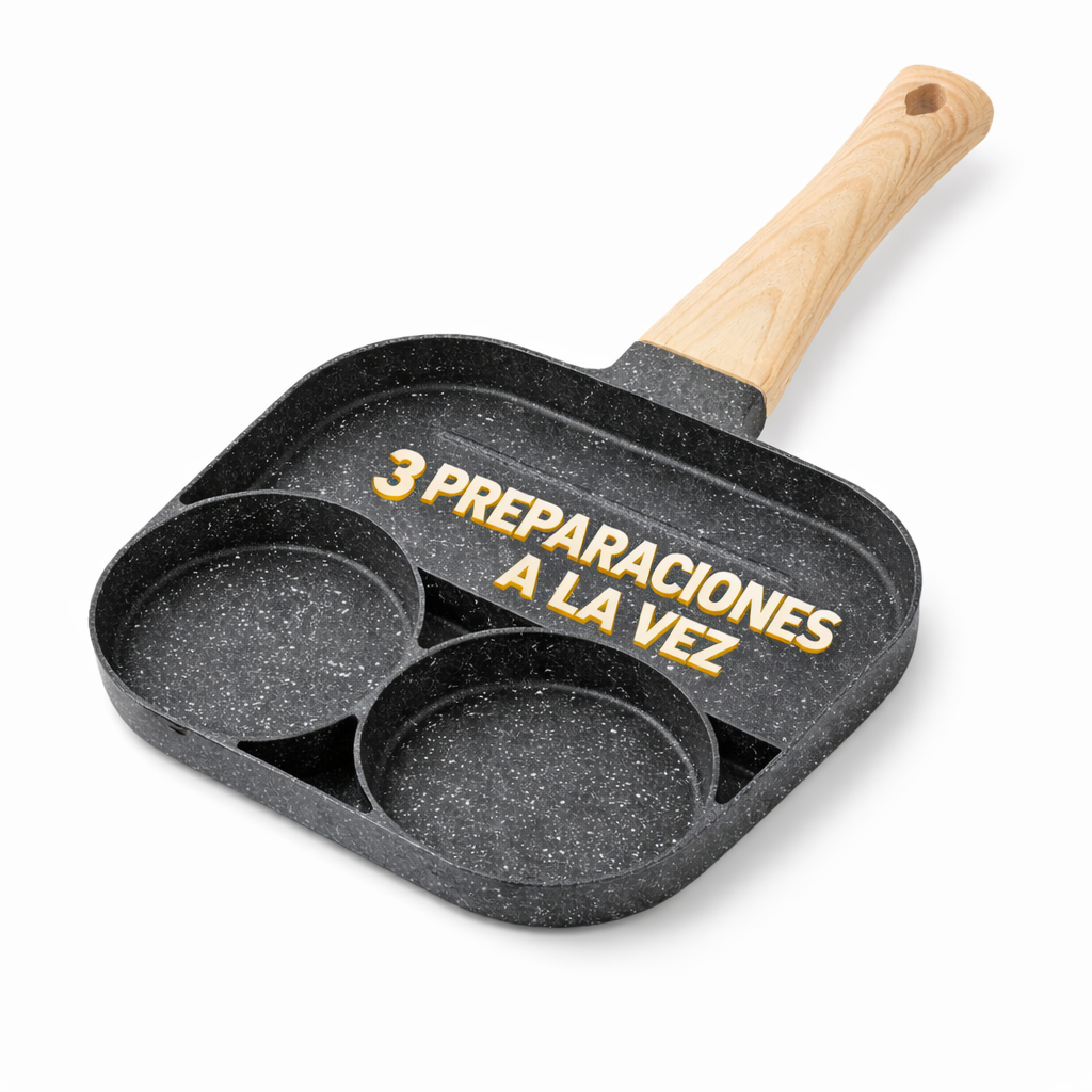 🍳 Sartén Antiadherente 3 en 1 | 3 Compartimentos para Huevos, Panqueques y Hamburguesas