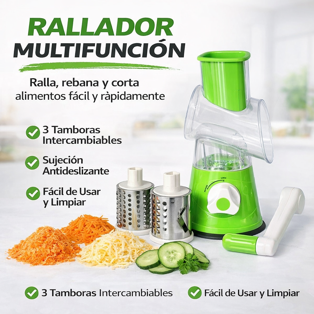 Rallador de tambor manual 3 en 1 con manivela 🧀🥕
