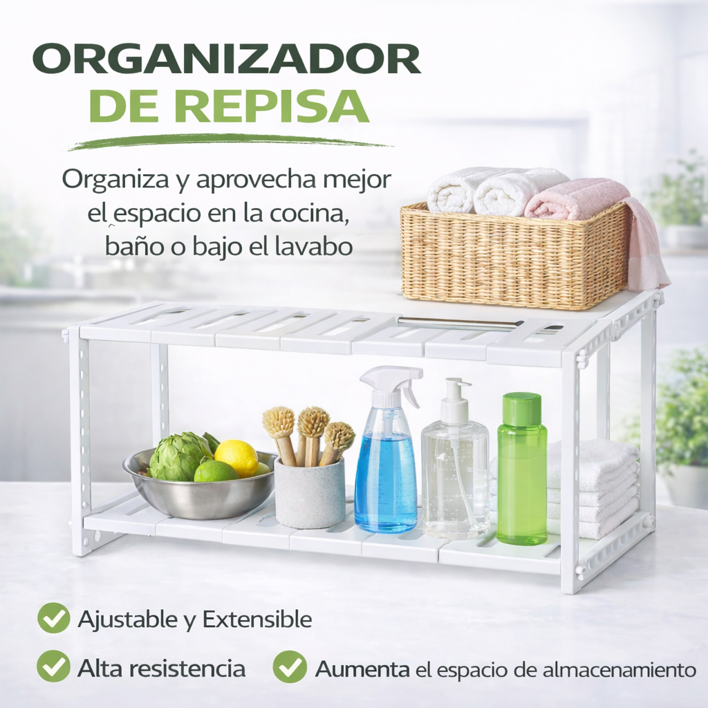 Organizador doble ajustable 2 niveles para cocina o baño 🧺✨🛠️