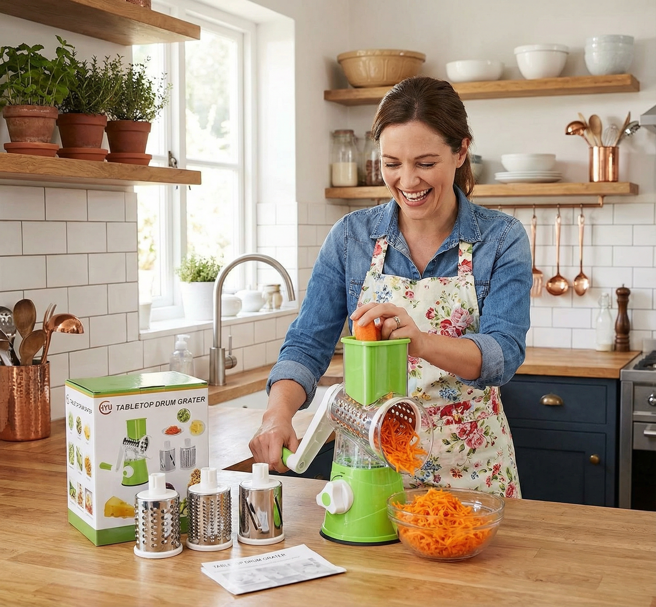 Rallador de tambor manual 3 en 1 con manivela 🧀🥕